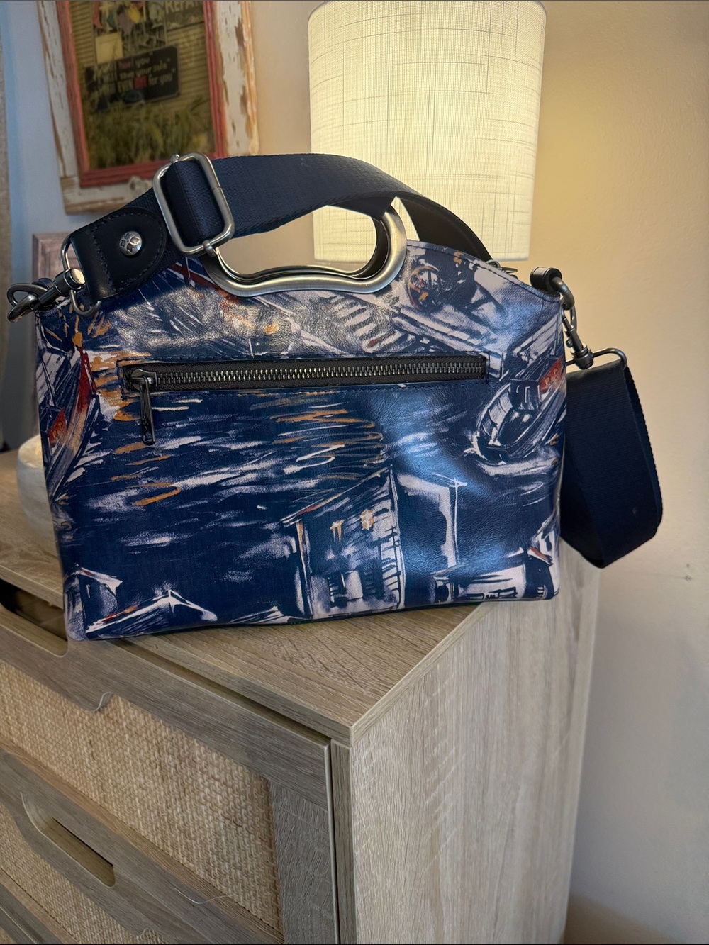 Patricia Nash Navy and Tan Painted Canvas Satchel - Picture 2 of 5
